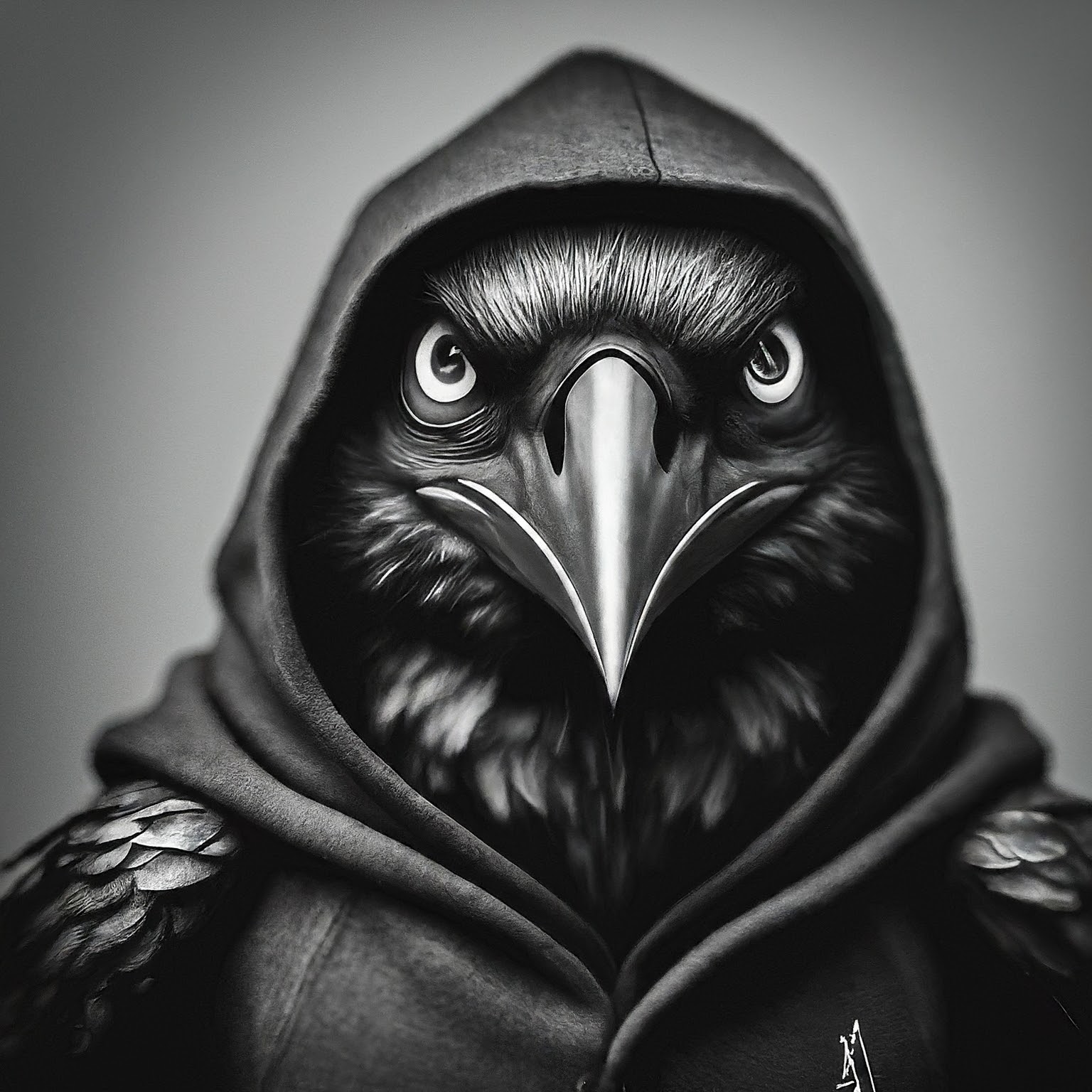 Black and White Image of a Raven in a Black Hoodie
